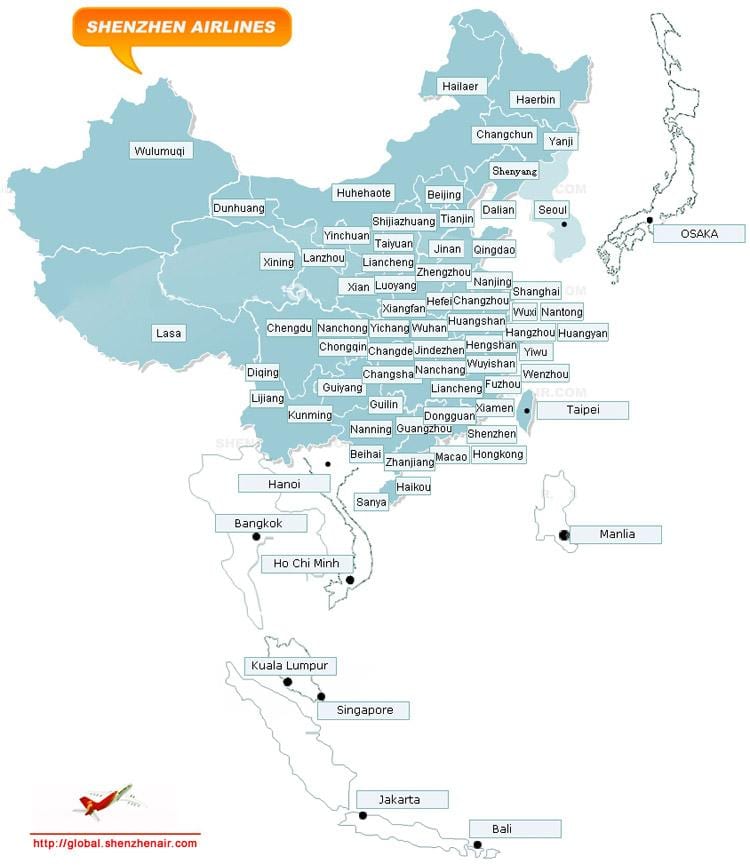 mapa linii lotniczych z Shenzhen trasę